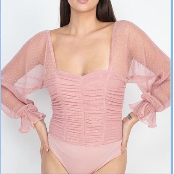 Blashe Pink Peasant Boho Bodysuit Sweetheart Neckline Ruched Front Size M  New - Picture 1 of 9